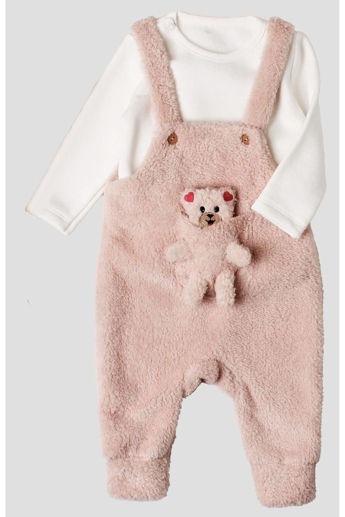 Kışlık tatlı peluş ikili takım kız bebek salopet sweatshirt